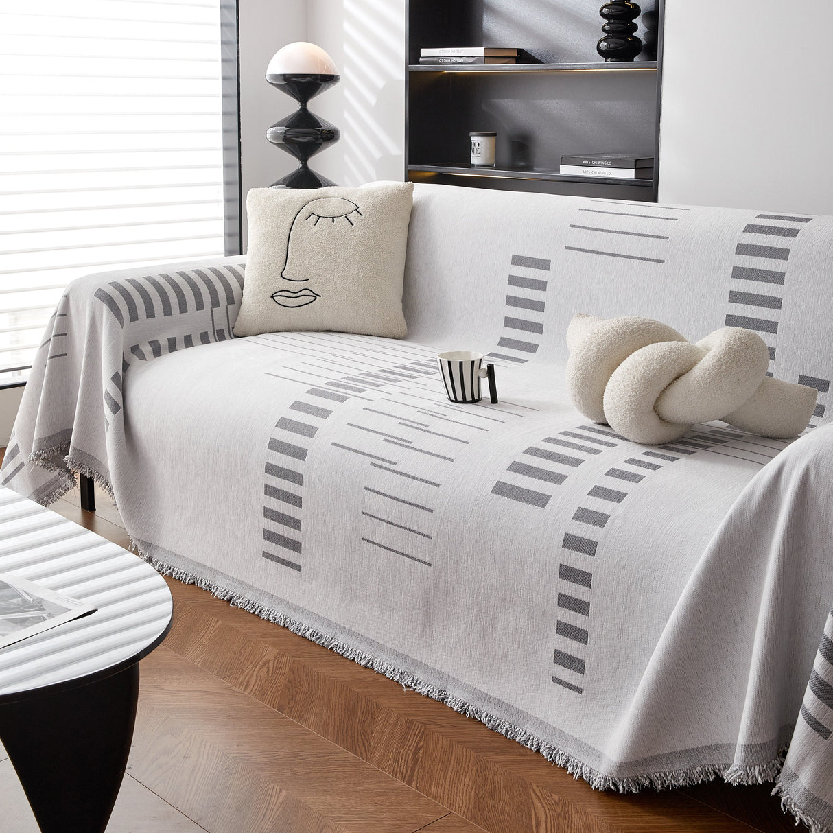 Reversible Chenille Couch Cover Blanket with Tassel Large Boho Futon Cover L Shaped Sectional Cover