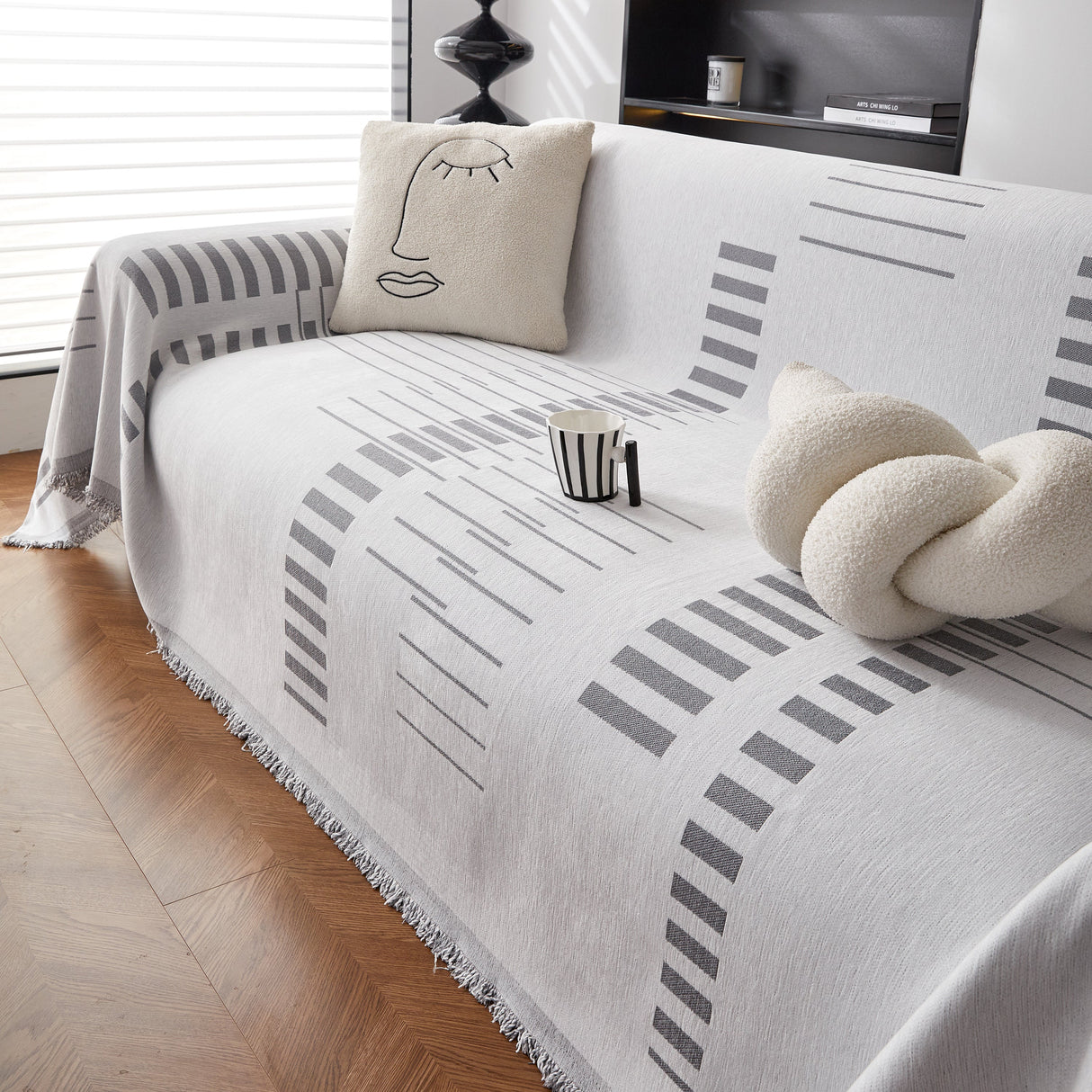 Reversible Chenille Couch Cover Blanket with Tassel Large Boho Futon Cover L Shaped Sectional Cover