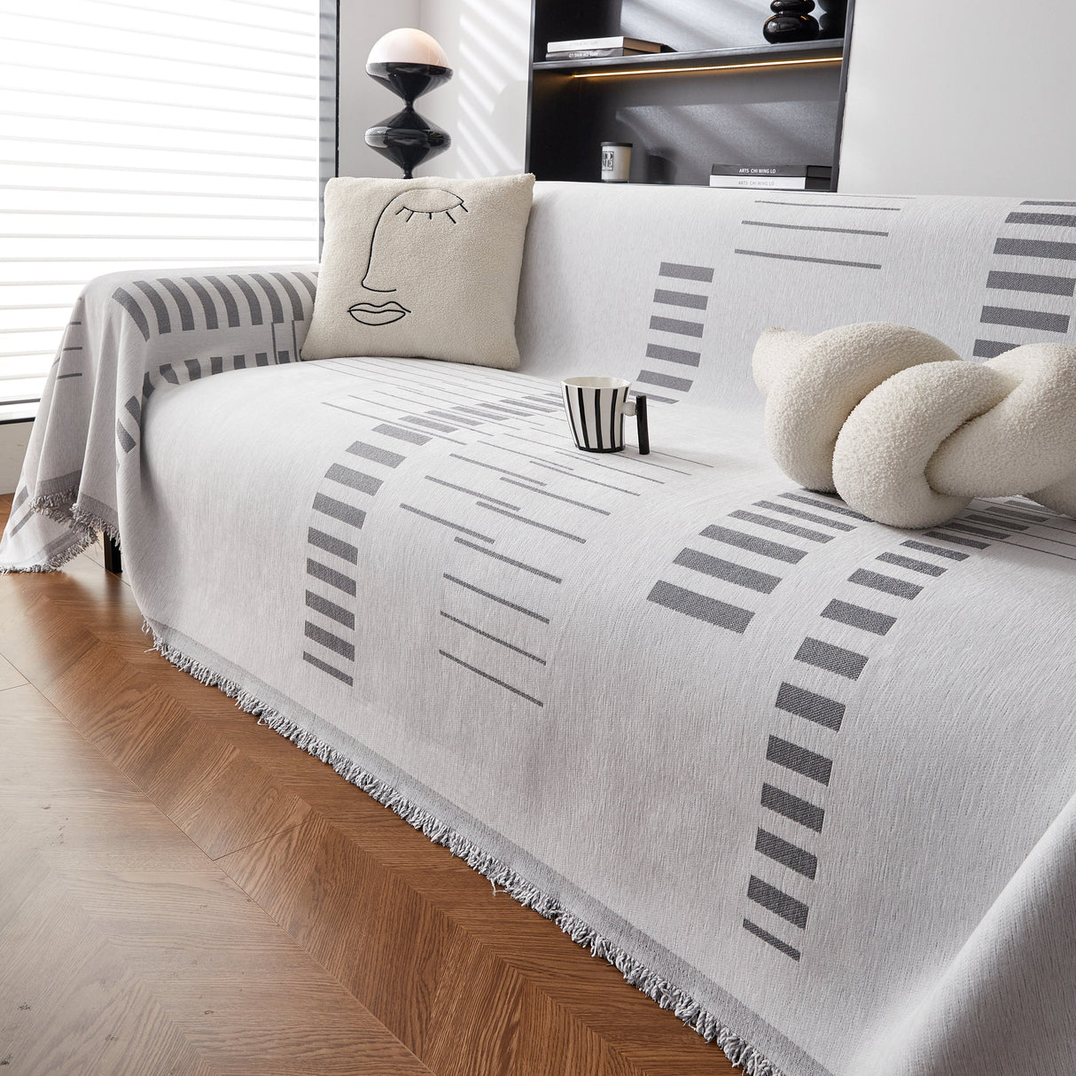 Reversible Chenille Couch Cover Blanket with Tassel Large Boho Futon Cover L Shaped Sectional Cover