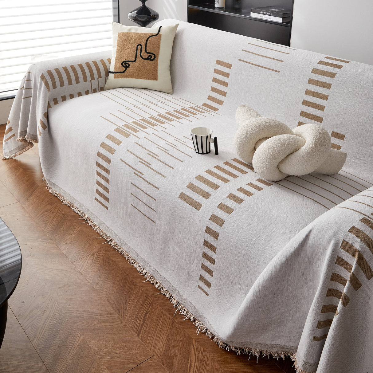 Reversible Chenille Couch Cover Blanket with Tassel Large Boho Futon Cover L Shaped Sectional Cover