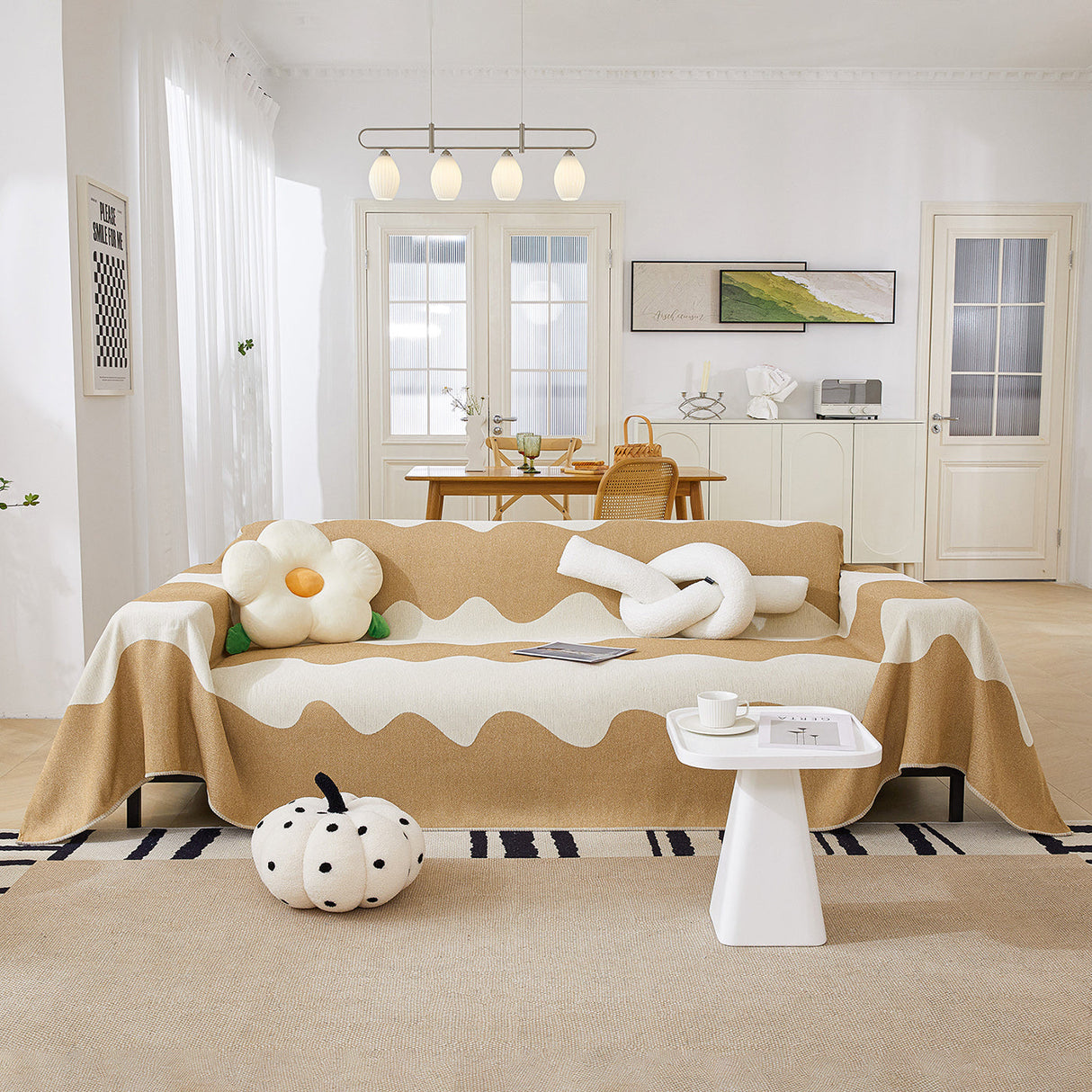 Chenille Minimalist Wavy Sofa Throw Cover, Cozy Blankets for Couch, Machine Washable Couch Protector