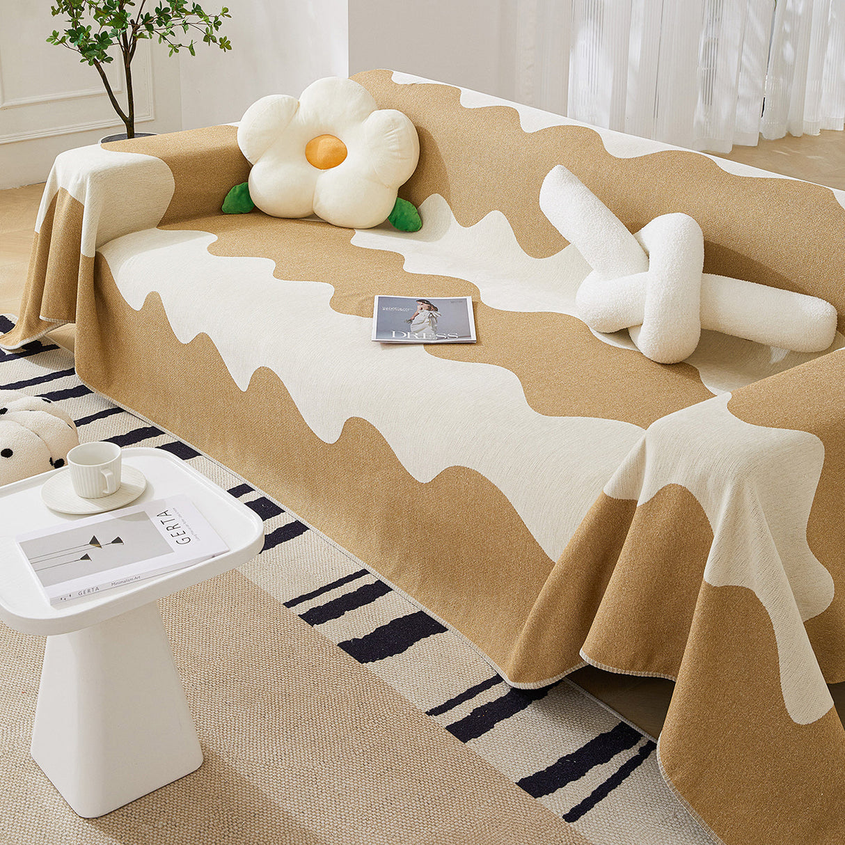 Chenille Minimalist Wavy Sofa Throw Cover, Cozy Blankets for Couch, Machine Washable Couch Protector