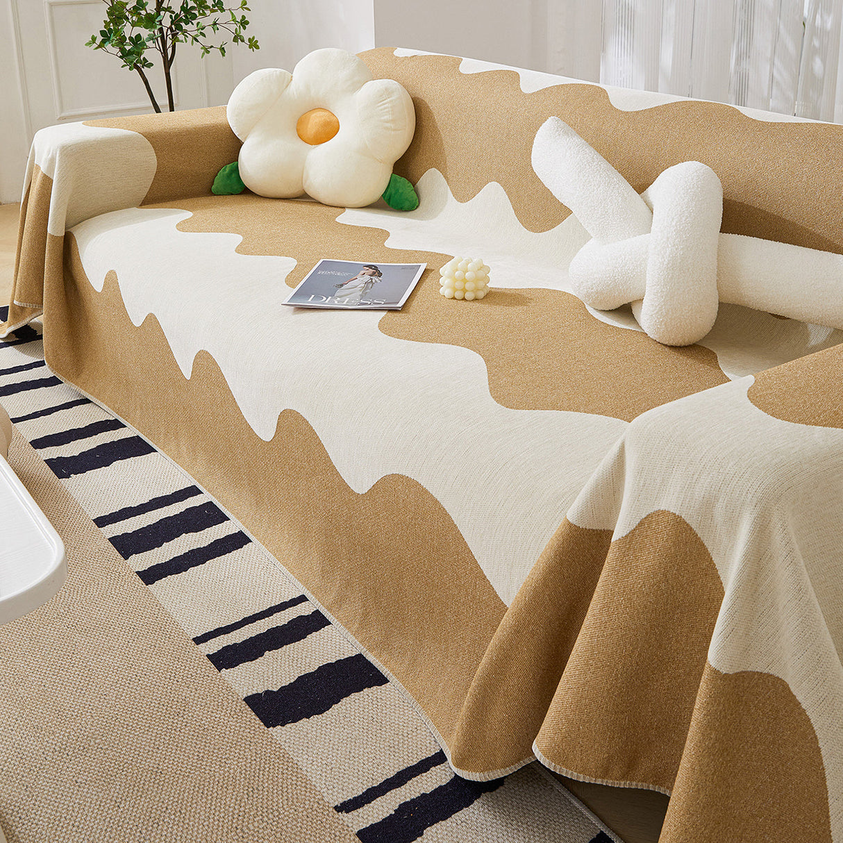 Chenille Minimalist Wavy Sofa Throw Cover, Cozy Blankets for Couch, Machine Washable Couch Protector