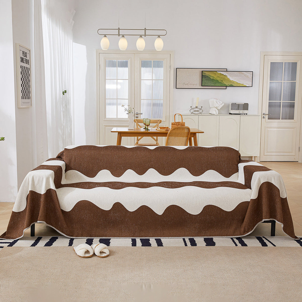 Chenille Minimalist Wavy Sofa Throw Cover, Cozy Blankets for Couch, Machine Washable Couch Protector