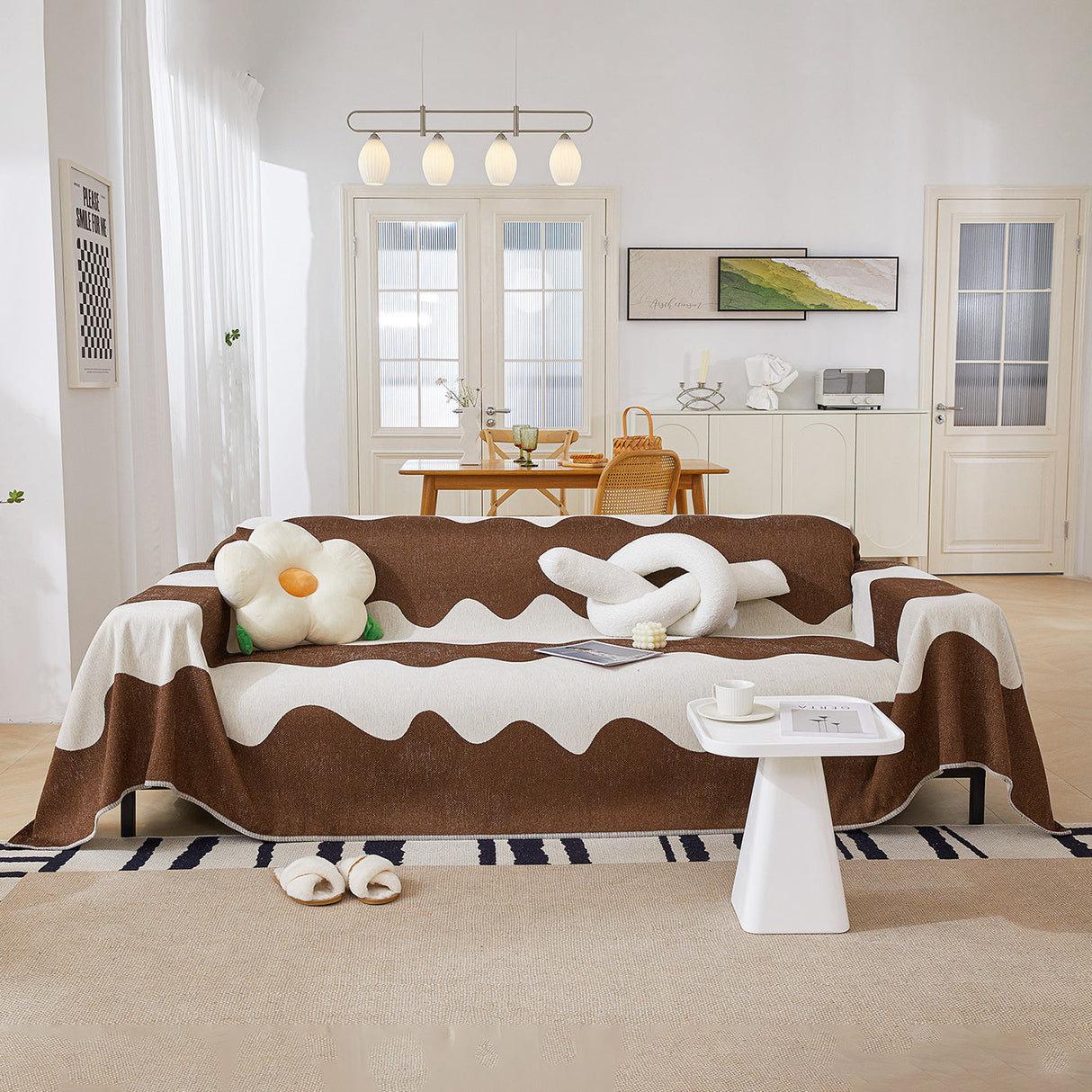 Chenille Minimalist Wavy Sofa Throw Cover, Cozy Blankets for Couch, Machine Washable Couch Protector