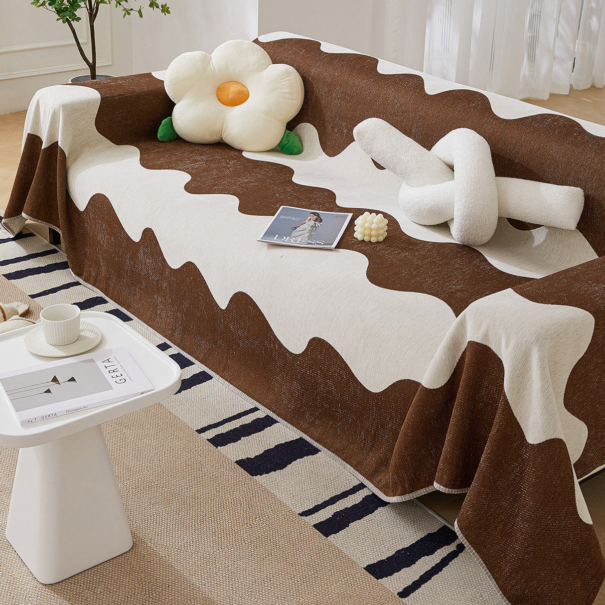 Chenille Minimalist Wavy Sofa Throw Cover, Cozy Blankets for Couch, Machine Washable Couch Protector