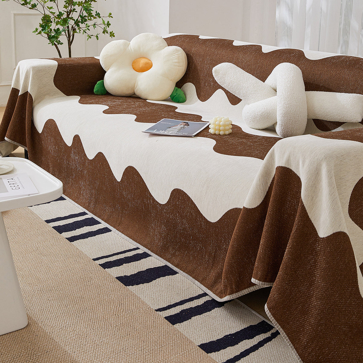 Chenille Minimalist Wavy Sofa Throw Cover, Cozy Blankets for Couch, Machine Washable Couch Protector