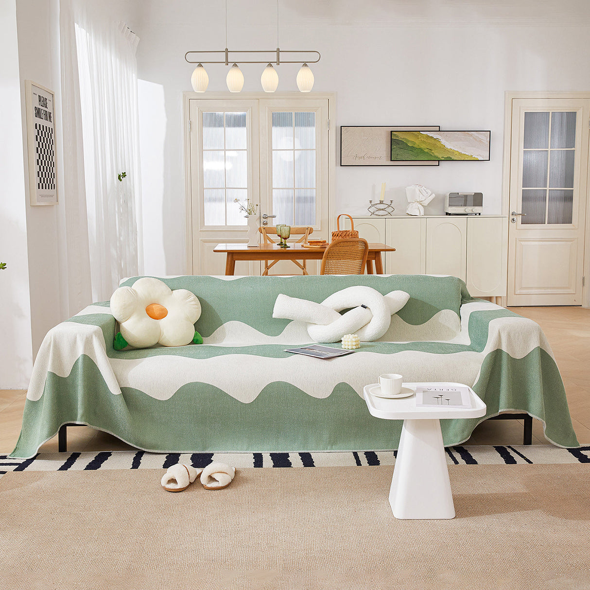 Chenille Minimalist Wavy Sofa Throw Cover, Cozy Blankets for Couch, Machine Washable Couch Protector