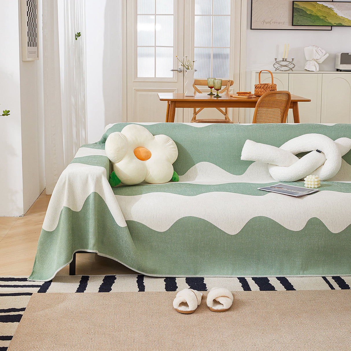 Chenille Minimalist Wavy Sofa Throw Cover, Cozy Blankets for Couch, Machine Washable Couch Protector