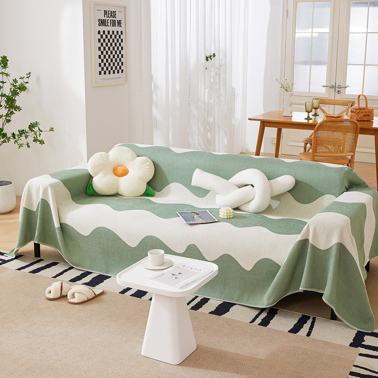 Chenille Minimalist Wavy Sofa Throw Cover, Cozy Blankets for Couch, Machine Washable Couch Protector