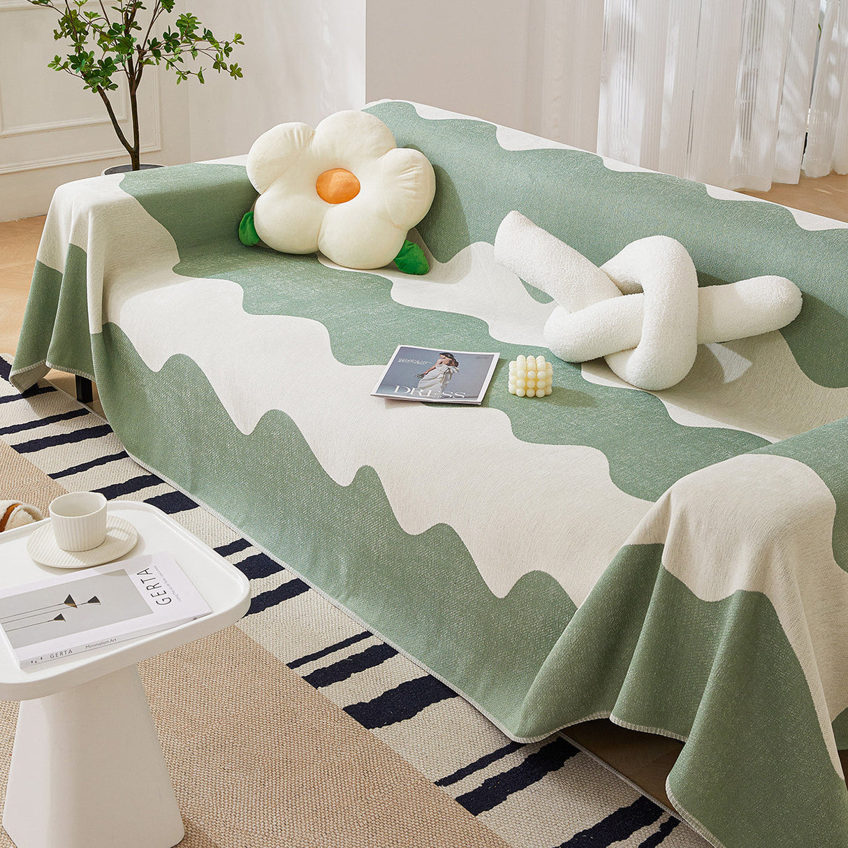 Chenille Minimalist Wavy Sofa Throw Cover, Cozy Blankets for Couch, Machine Washable Couch Protector