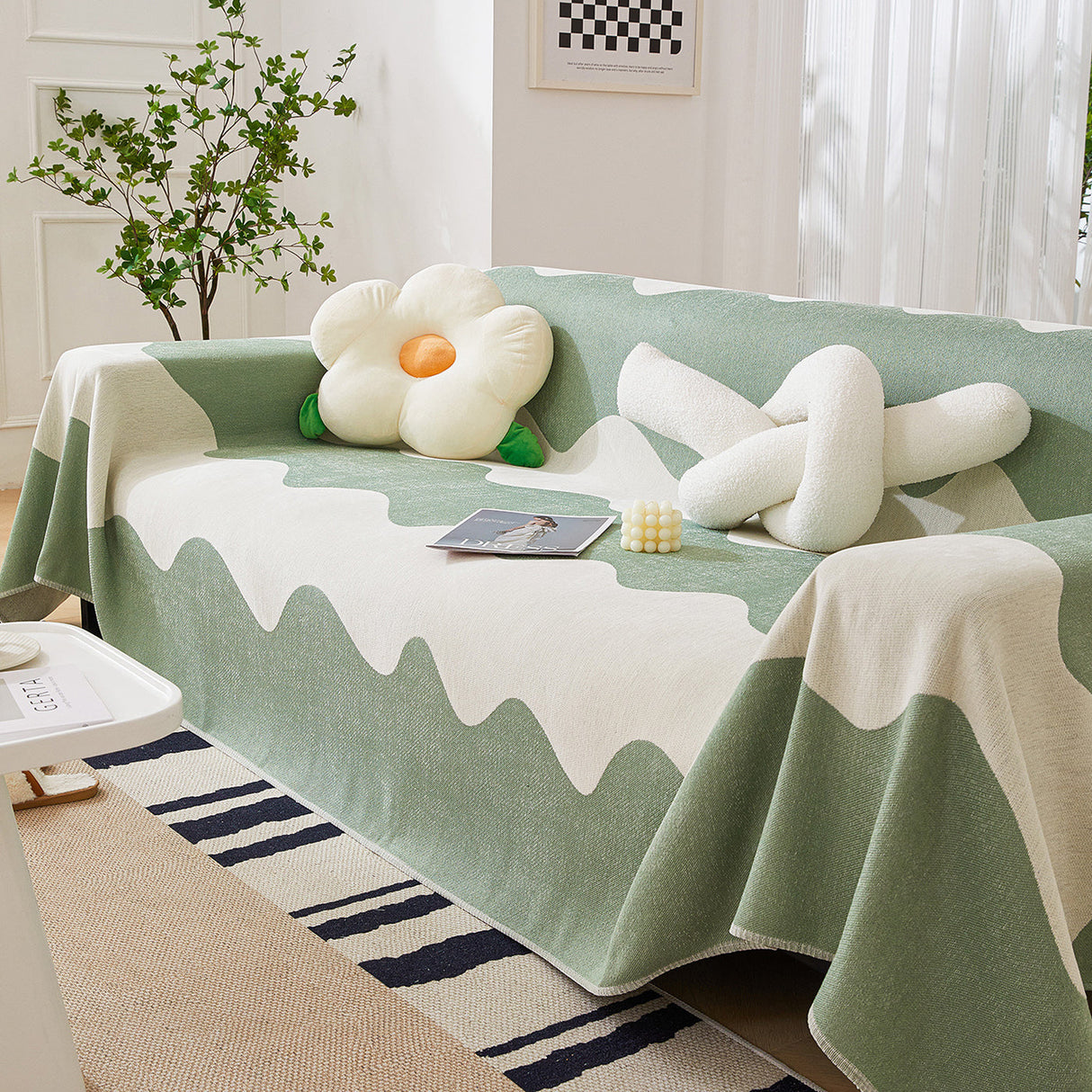 Chenille Minimalist Wavy Sofa Throw Cover, Cozy Blankets for Couch, Machine Washable Couch Protector