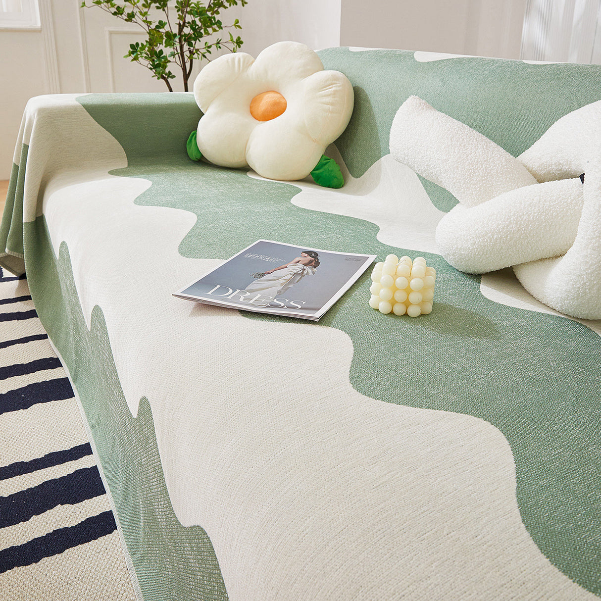 Chenille Minimalist Wavy Sofa Throw Cover, Cozy Blankets for Couch, Machine Washable Couch Protector