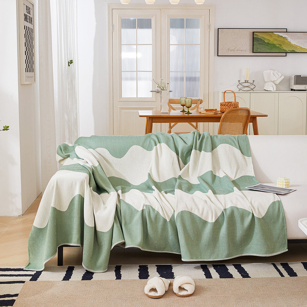 Chenille Minimalist Wavy Sofa Throw Cover, Cozy Blankets for Couch, Machine Washable Couch Protector