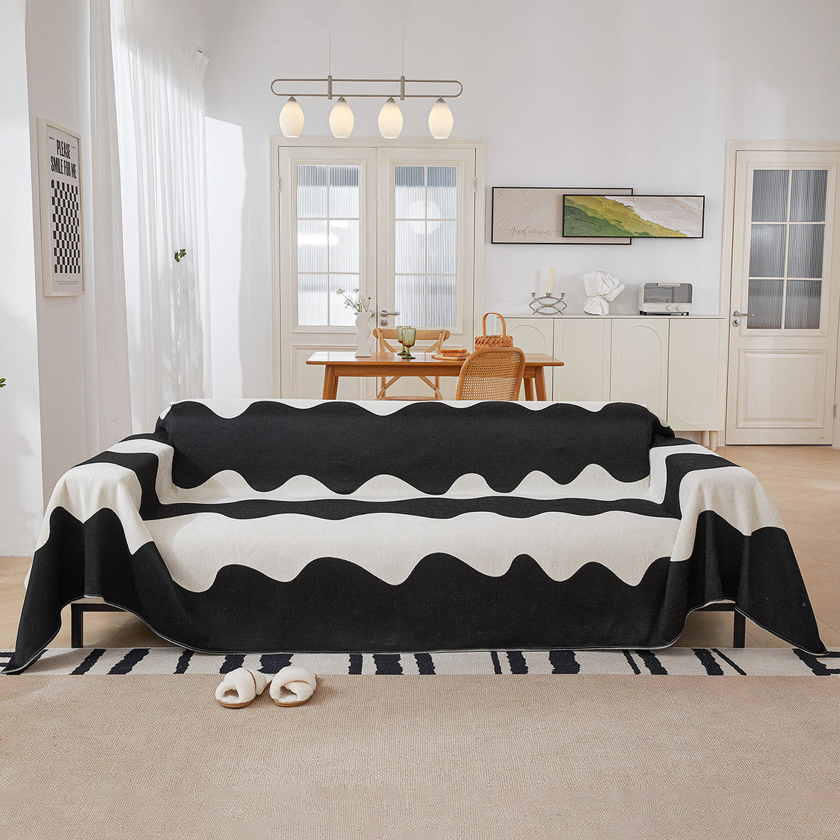 Chenille Minimalist Wavy Sofa Throw Cover, Cozy Blankets for Couch, Machine Washable Couch Protector