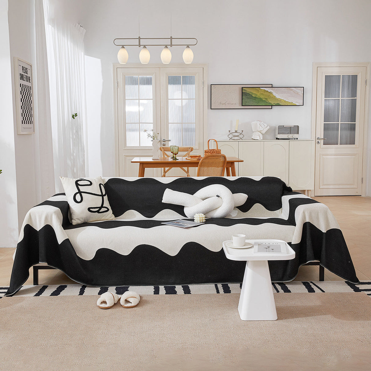 Chenille Minimalist Wavy Sofa Throw Cover, Cozy Blankets for Couch, Machine Washable Couch Protector