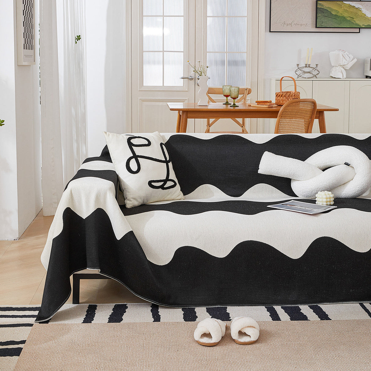 Chenille Minimalist Wavy Sofa Throw Cover, Cozy Blankets for Couch, Machine Washable Couch Protector