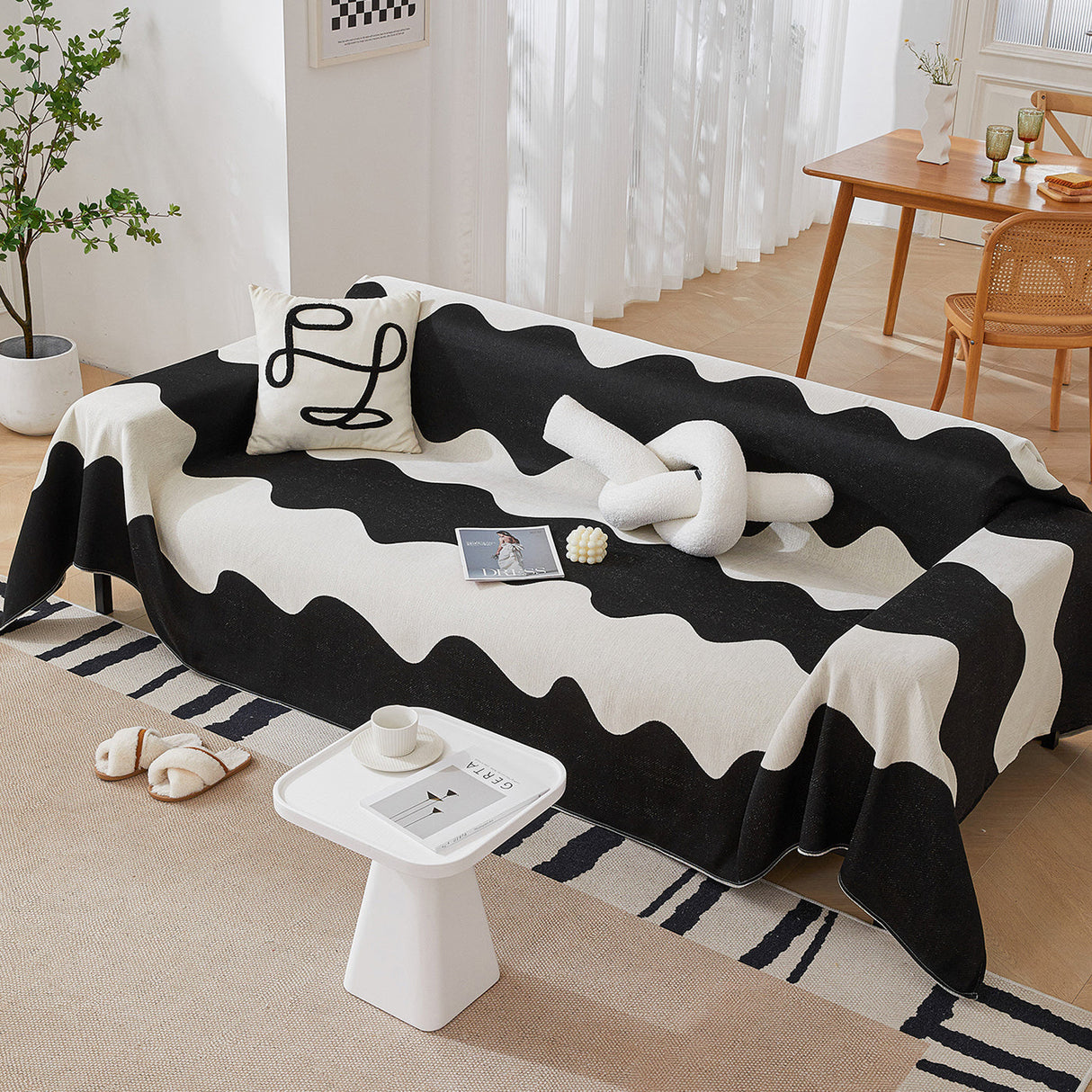 Chenille Minimalist Wavy Sofa Throw Cover, Cozy Blankets for Couch, Machine Washable Couch Protector