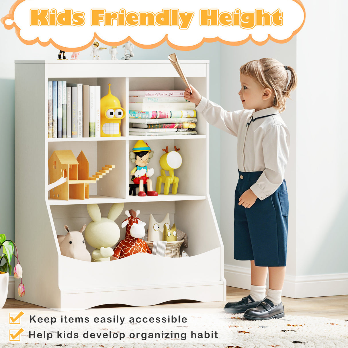 3-Tier Children's Multi-Functional Bookcase Toy Storage Bin Floor Cabinet-Gray