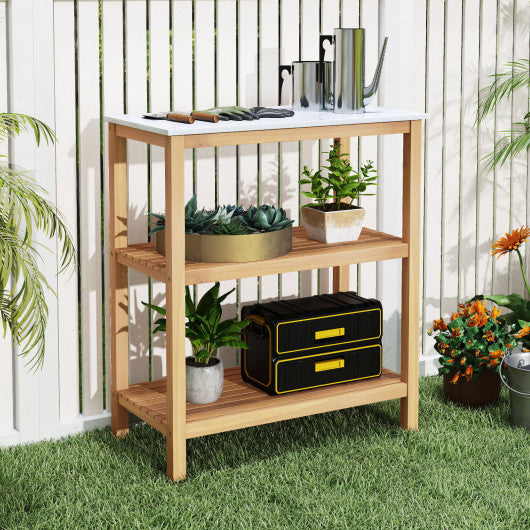 3-Tier Garden Potting Bench Table with Marble-Like Countertop