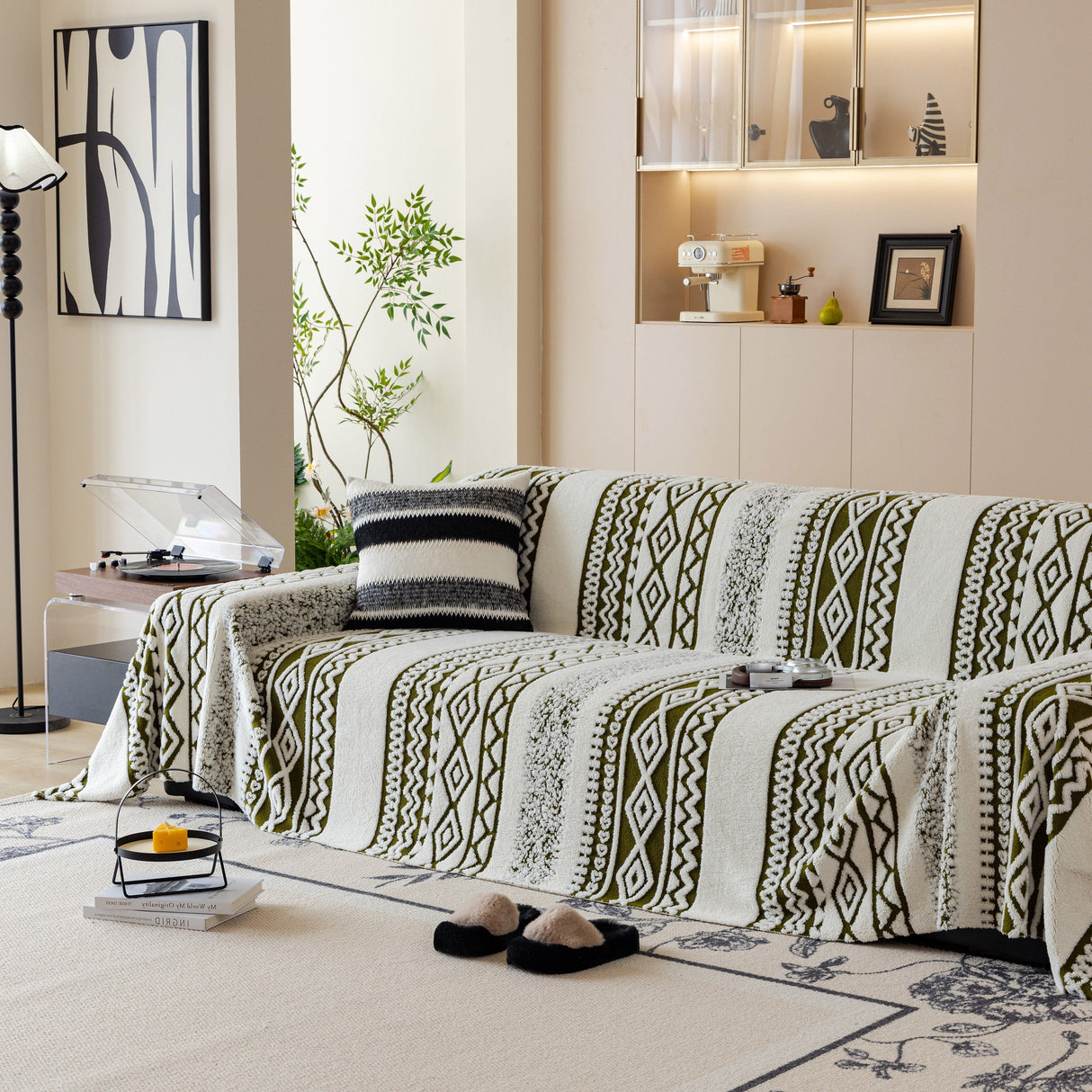 Bohemian Tufted Sofa Cover, Plush Flannel Throw Blanket with 3D Woven Aztec Stripes
