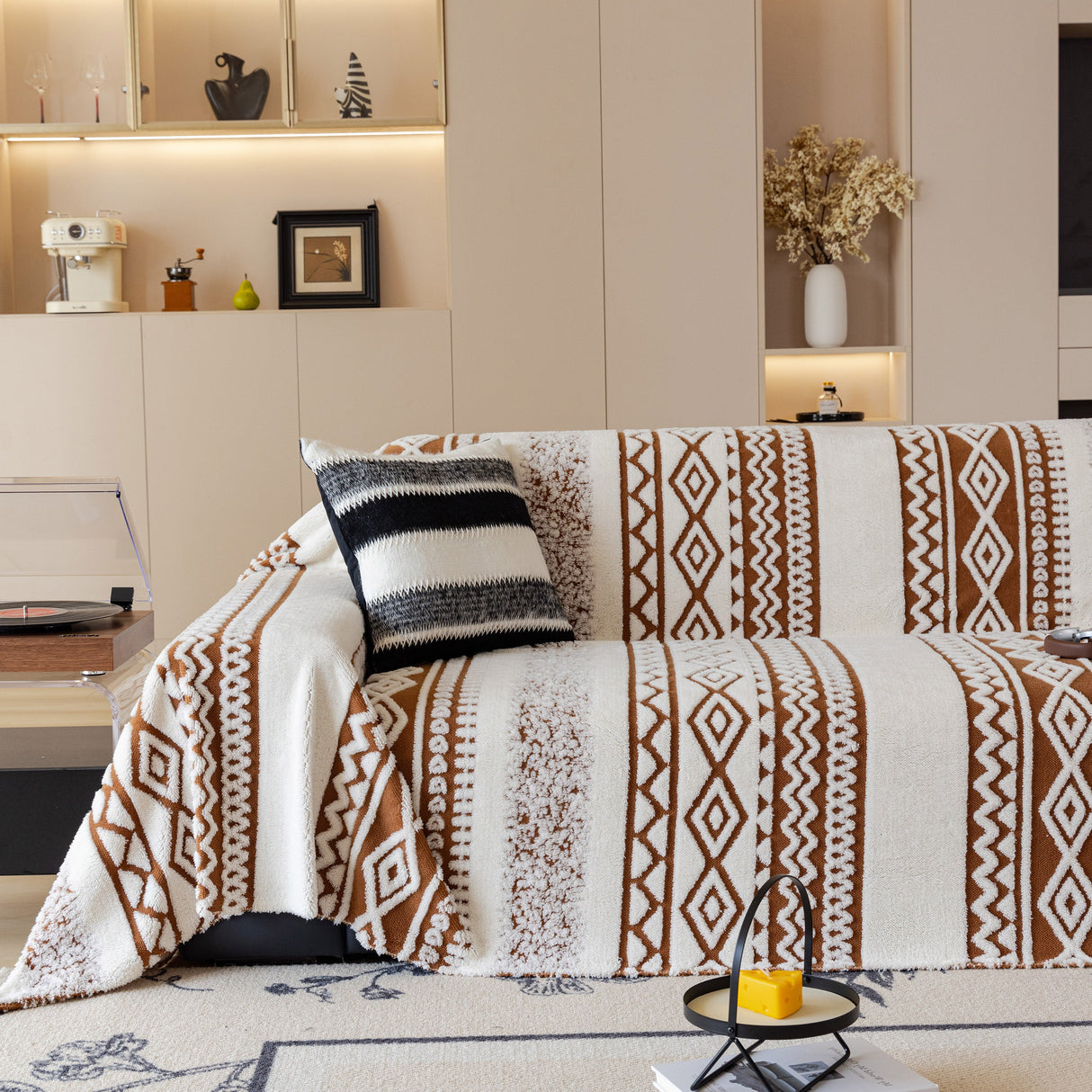 Bohemian Tufted Sofa Cover, Plush Flannel Throw Blanket with 3D Woven Aztec Stripes