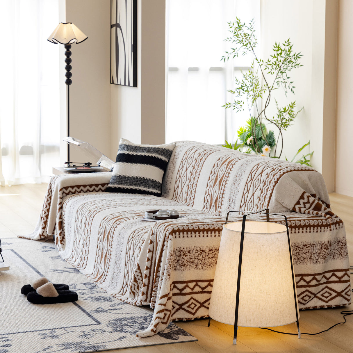 Bohemian Tufted Sofa Cover, Plush Flannel Throw Blanket with 3D Woven Aztec Stripes