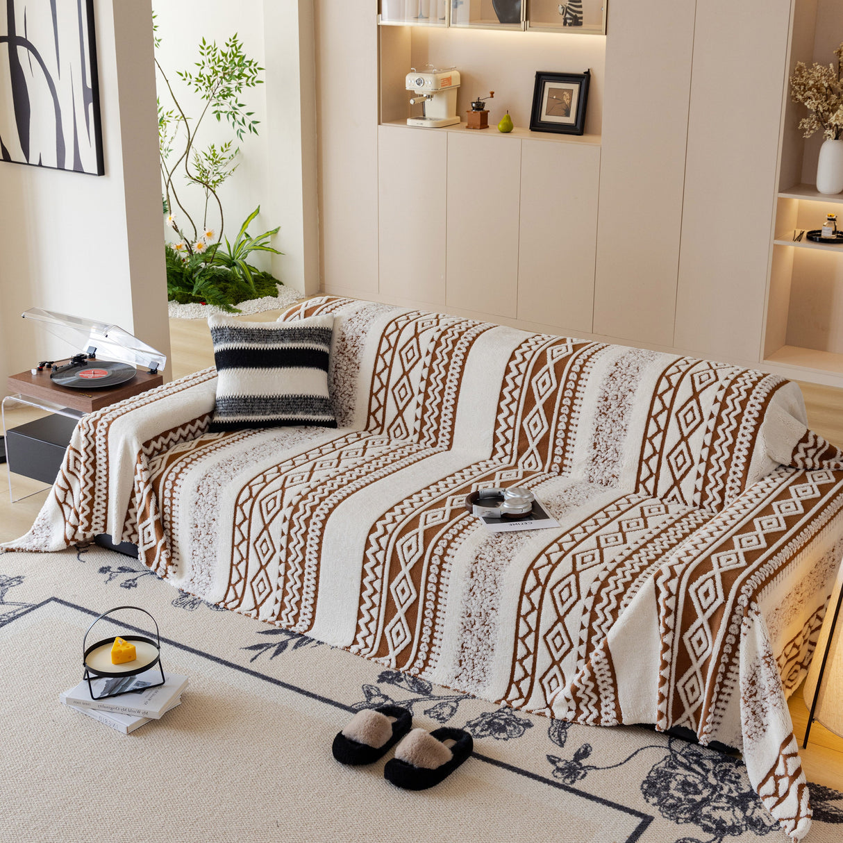 Bohemian Tufted Sofa Cover, Plush Flannel Throw Blanket with 3D Woven Aztec Stripes