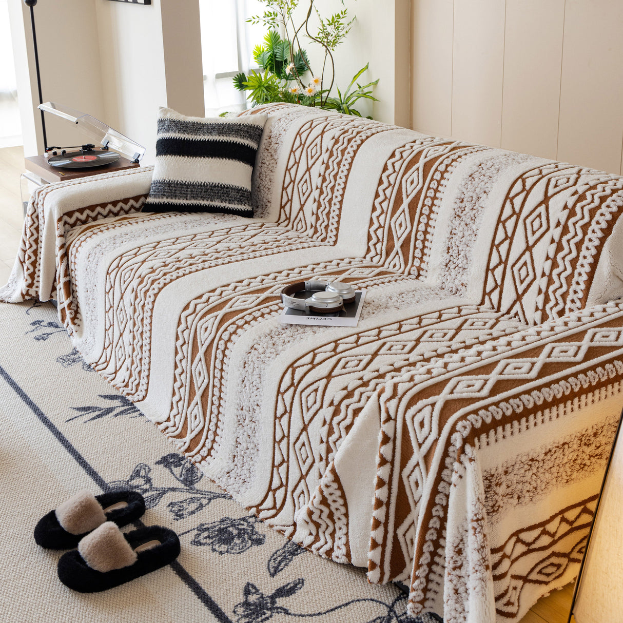 Bohemian Tufted Sofa Cover, Plush Flannel Throw Blanket with 3D Woven Aztec Stripes