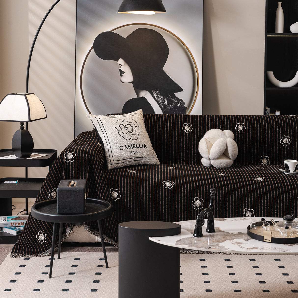 Chenille Camellia Floral Sofa Throw Cover Couch Blanket with Striped Jacquard