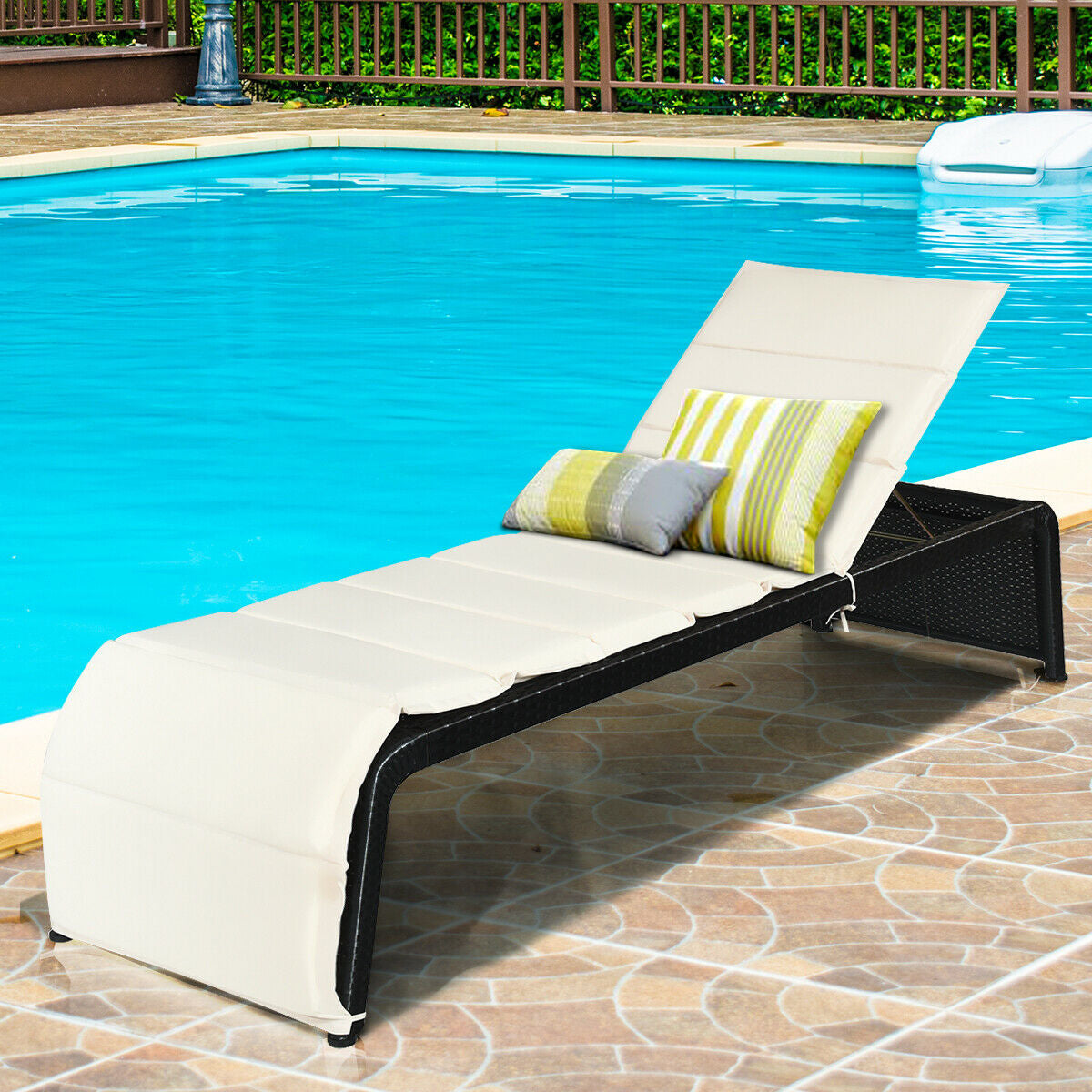Patio Rattan Lounge Chair Back Adjustable Chaise Recliner with Cushioned-White