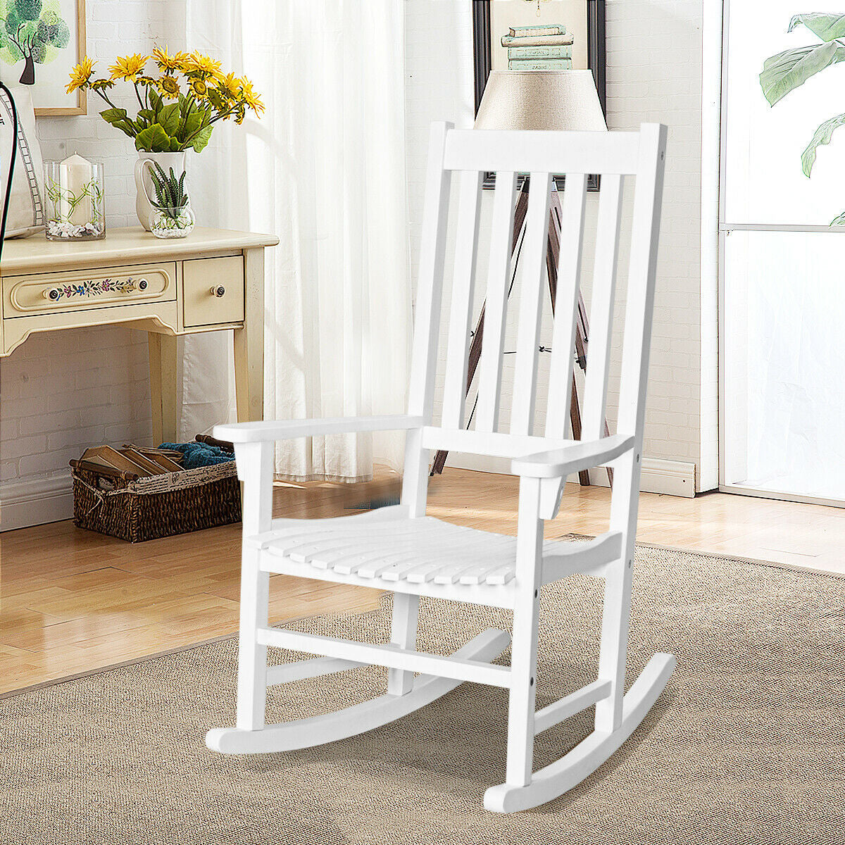 Indoor Outdoor Wooden High Back Rocking Chair-Black