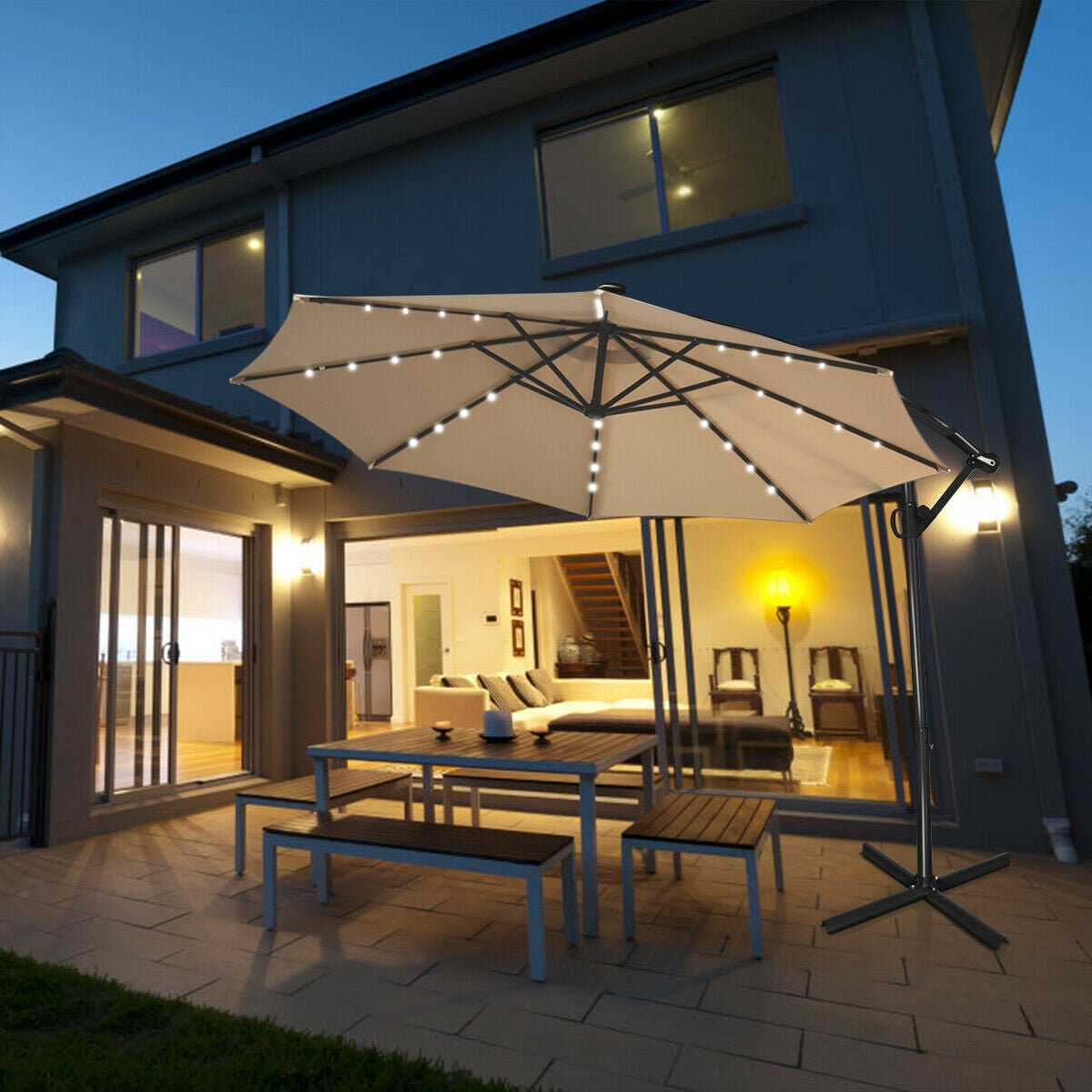 10 ft 360 ° Rotation Solar Powered LED Patio Offset Umbrella without Weight Base-Beige