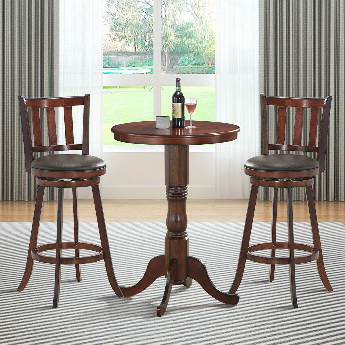 2 Pieces 360 Degree Swivel Wooden Counter Height Bar Stool Set with Cushioned Seat-25 inches