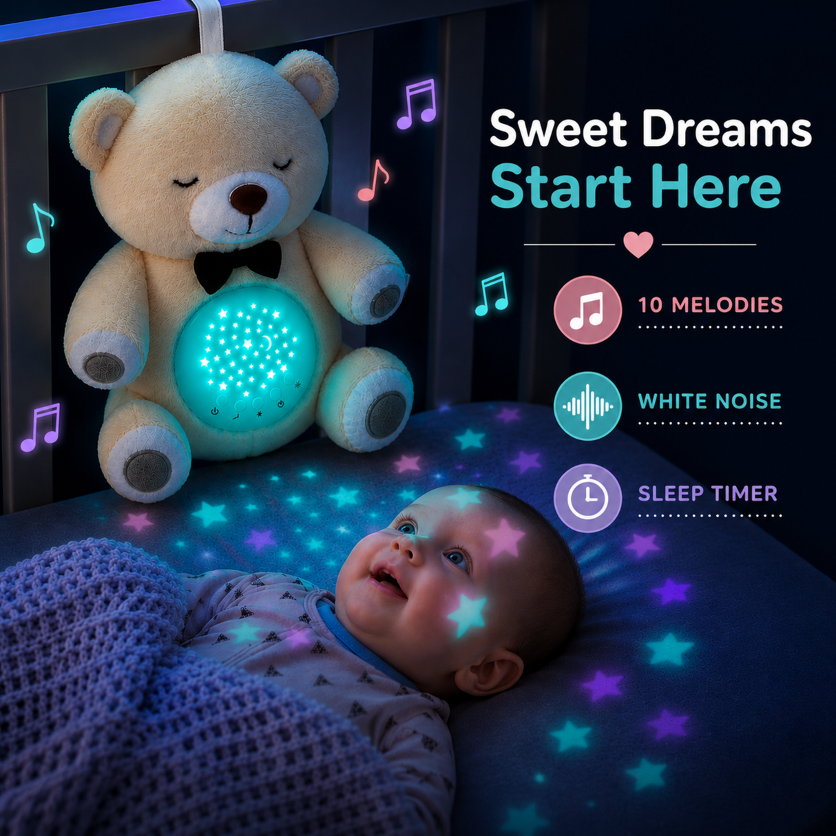 Lumipets Bear with Sound Nursery Night Light & Sound Soother for Babies