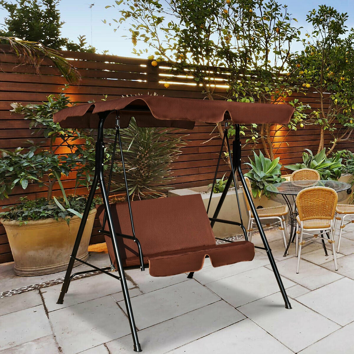 Loveseat Cushioned Patio Steel Frame Swing Glider -Black