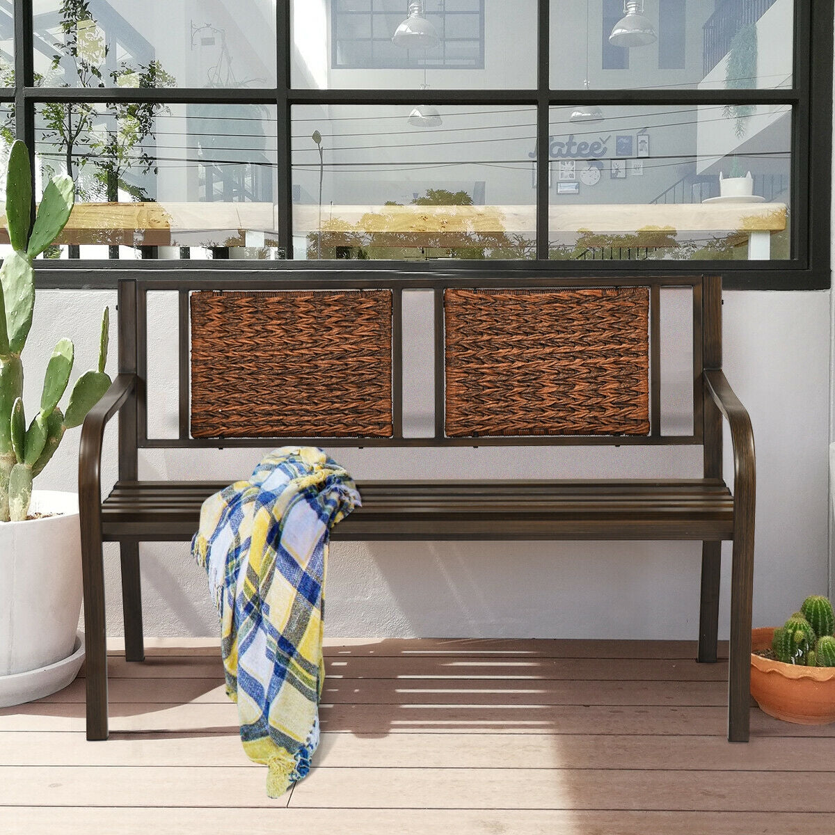 Patio Garden Bench with Powder Coated Steel Frame for Lawn