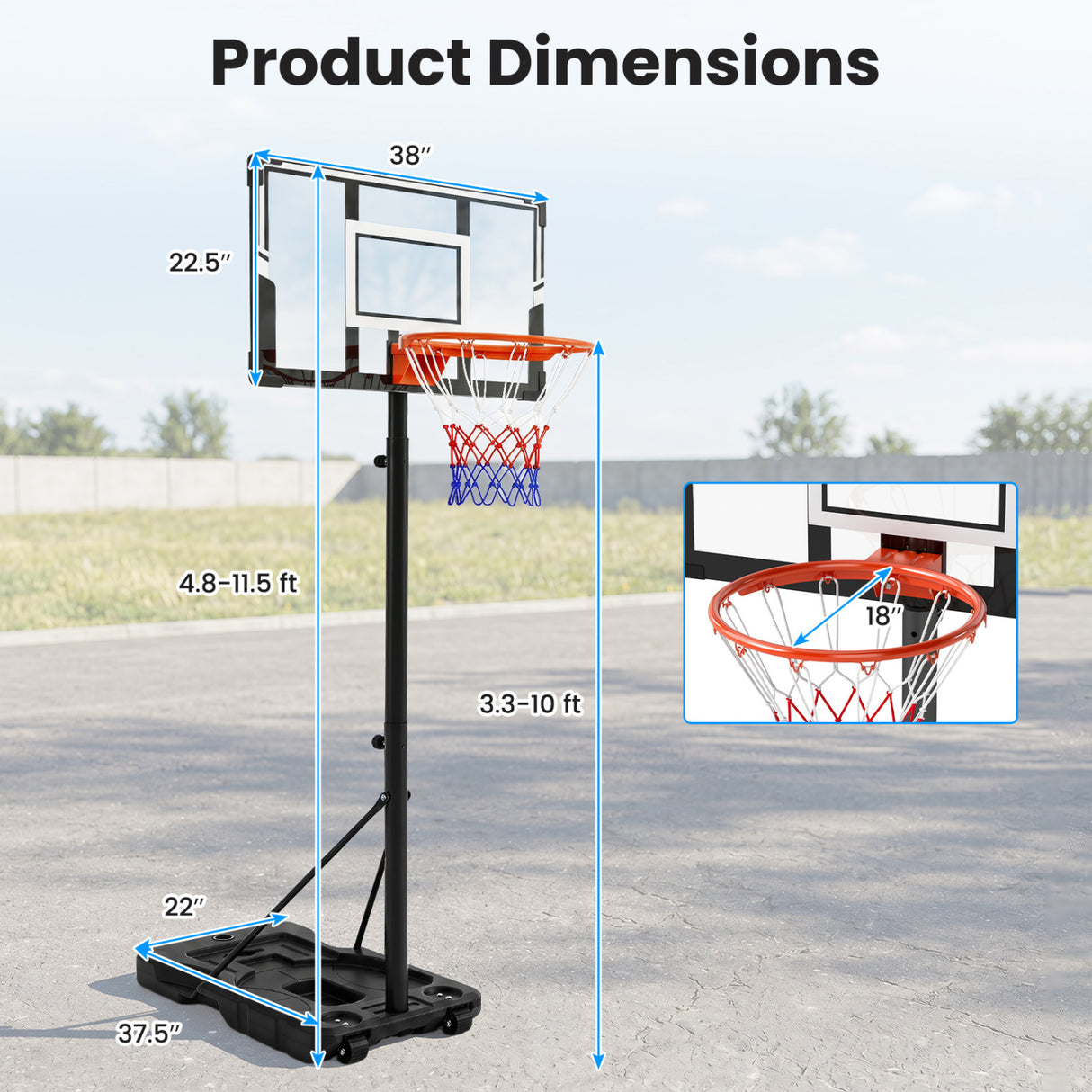 3.3-10 Feet Portable Basketball Hoop Adjustable with Base and Wheels