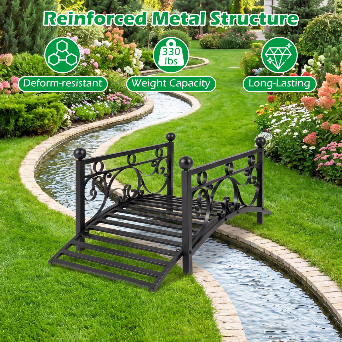3.3 ft Garden Metal Bridge with Dual Patterned Side Rails