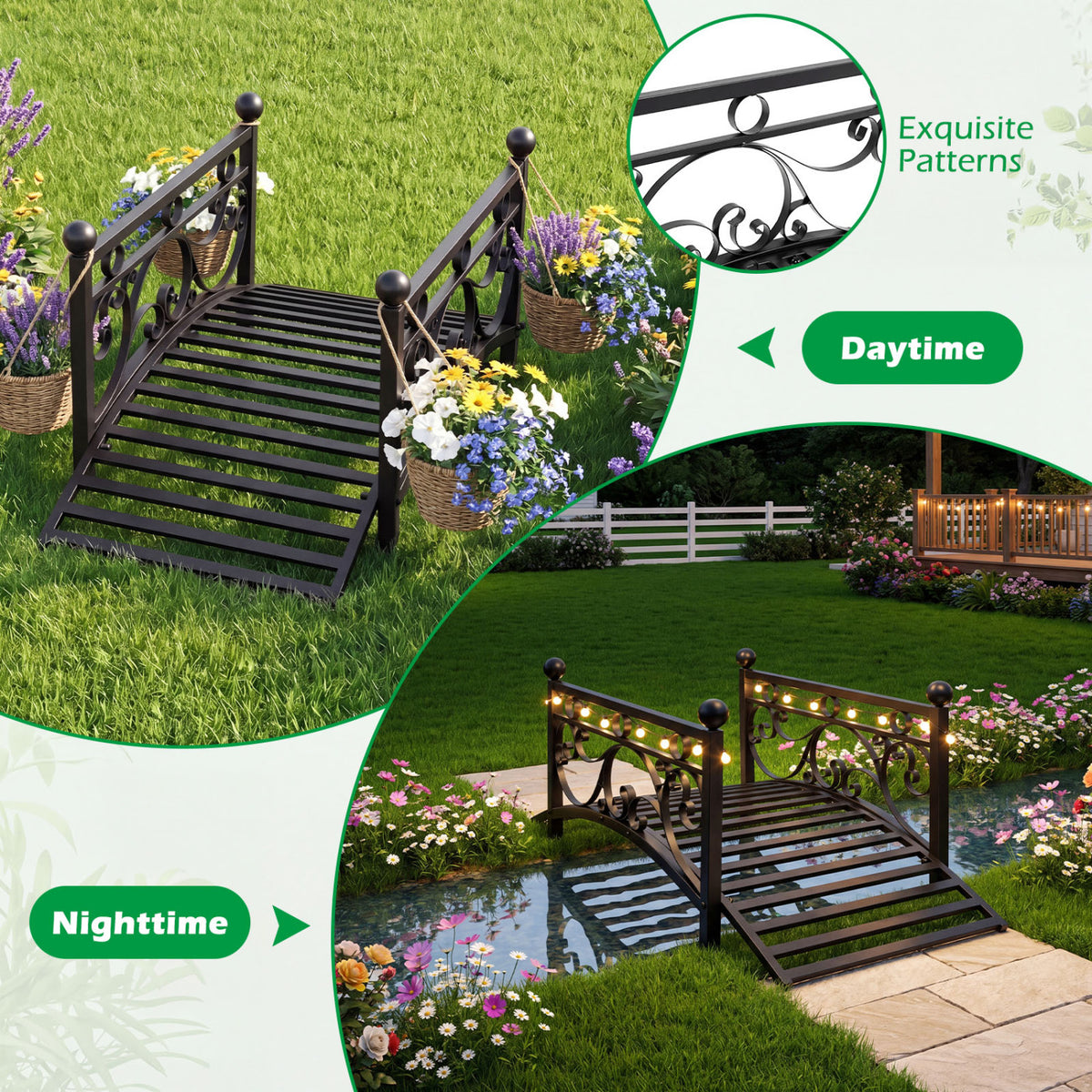 3.3 ft Garden Metal Bridge with Dual Patterned Side Rails
