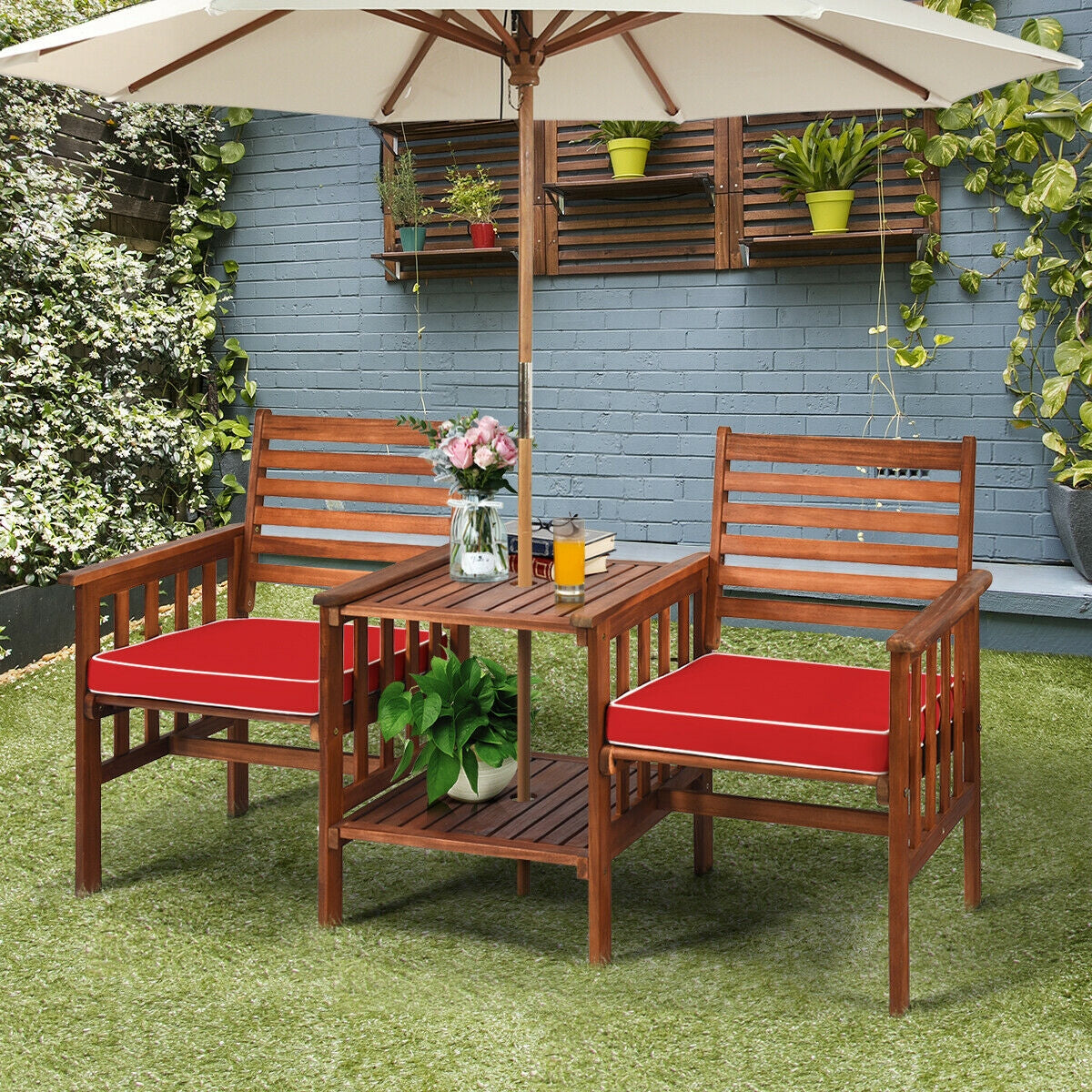 3 pcs Outdoor Patio Table Chairs Set Acacia Wood Loveseat-White