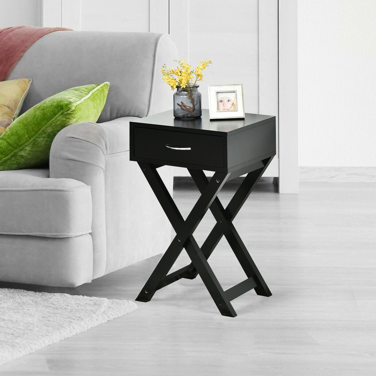 Design Sofa Side Table with X-Shape Drawer for Living Room Bedroom-White