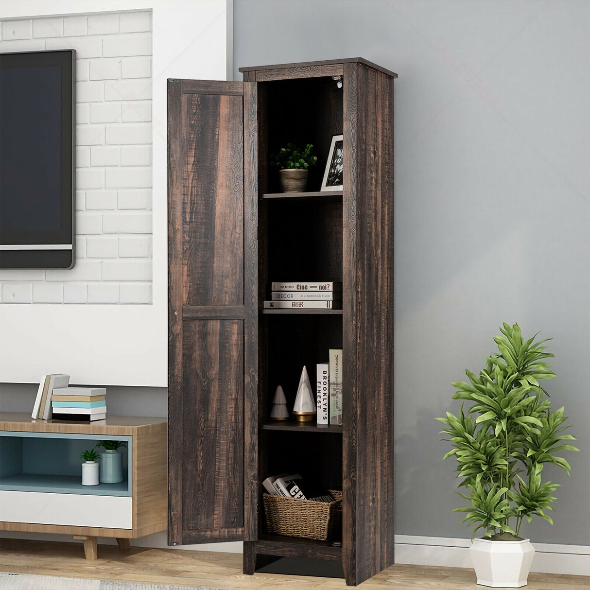 Linen Tower Bathroom Storage Cabinet Tall Slim Side Organizer with Shelf-Black