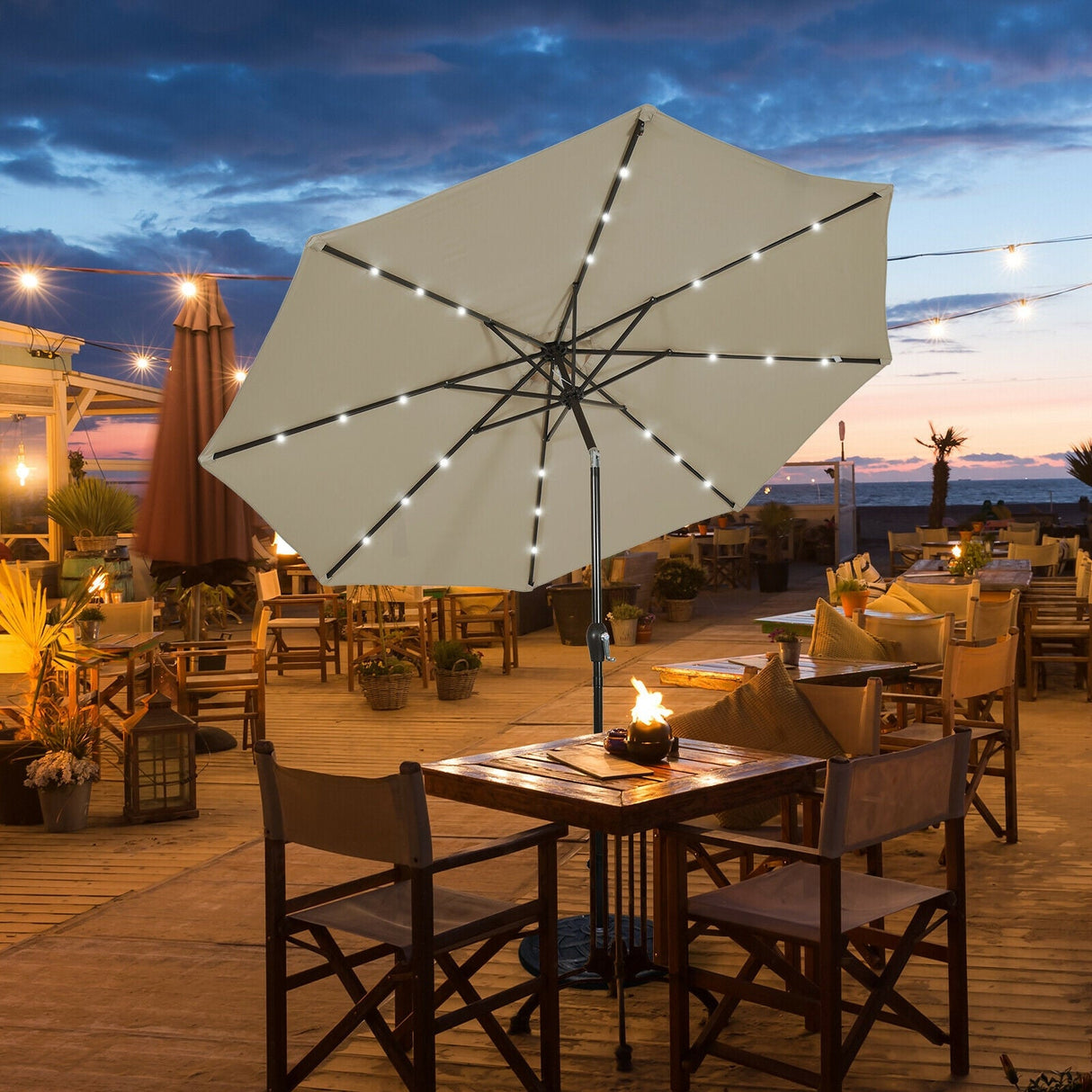 10' Solar LED Lighted Patio Market Umbrella Shade Tilt Adjustment Crank-Tan by DirectDeals