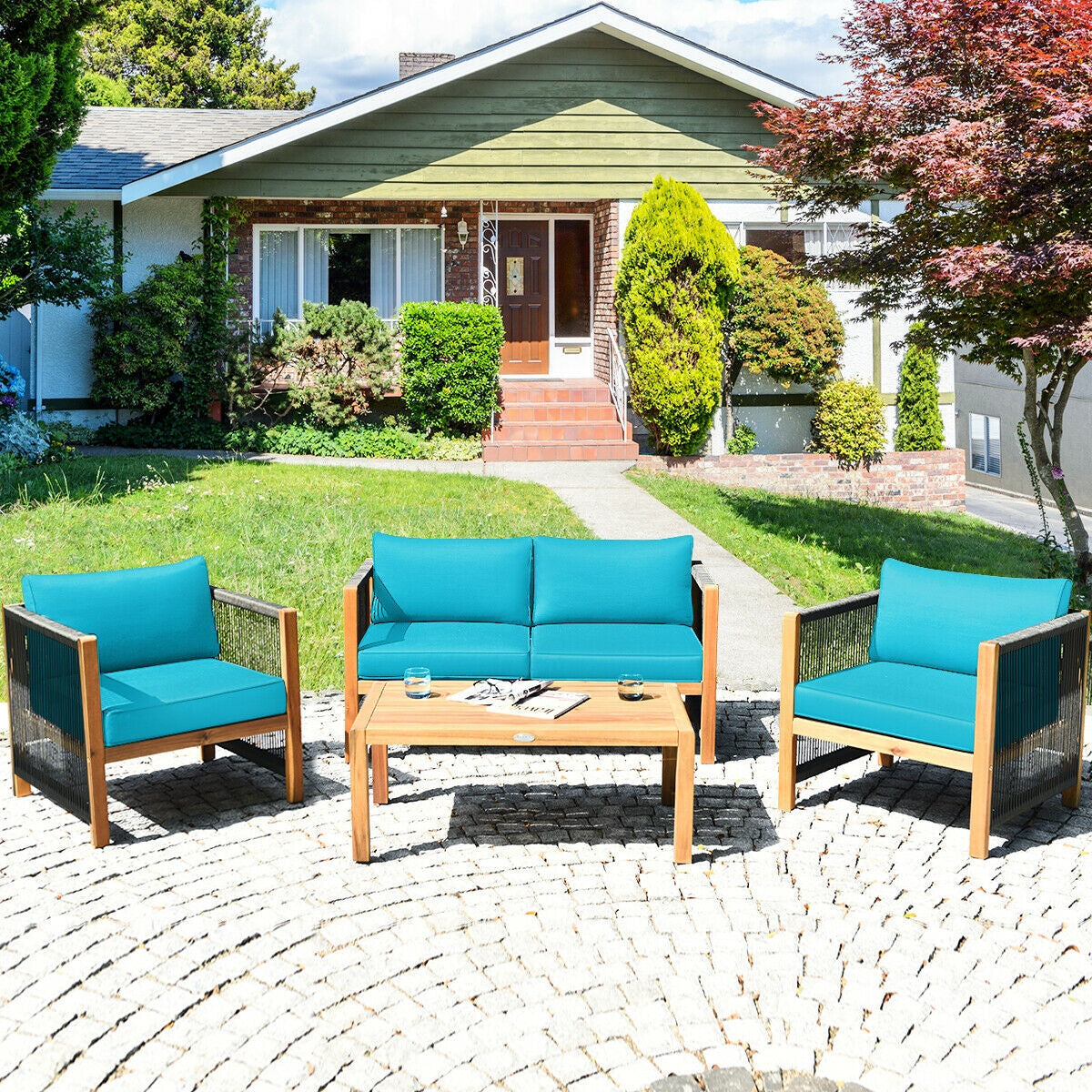 4 Pieces Acacia Wood Outdoor Patio Furniture Set with Cushions-Gray