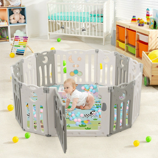 14-Panel Baby Playpen Kids Activity Center Foldable Play Yard with Lock Door-Beige