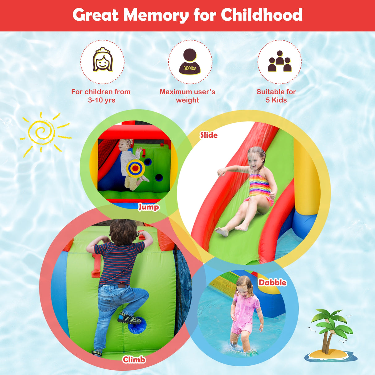 Inflatable Blow Up Water Slide Bounce House with 740 W Blower