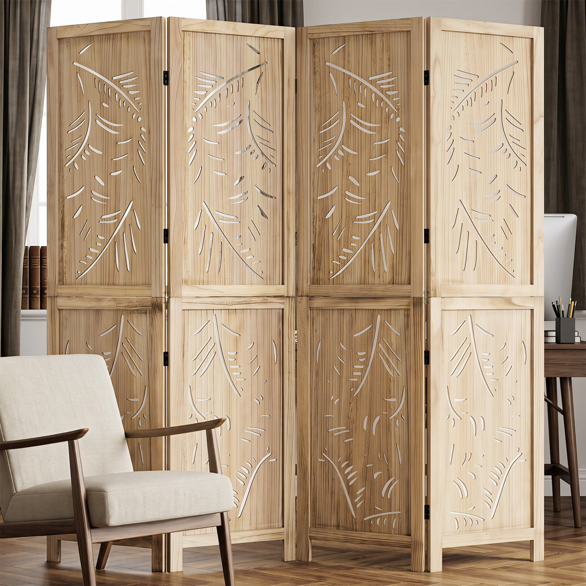 4-Panel Wooden Room Divider with Palm Leaf Design & Paulownia Frame for Home