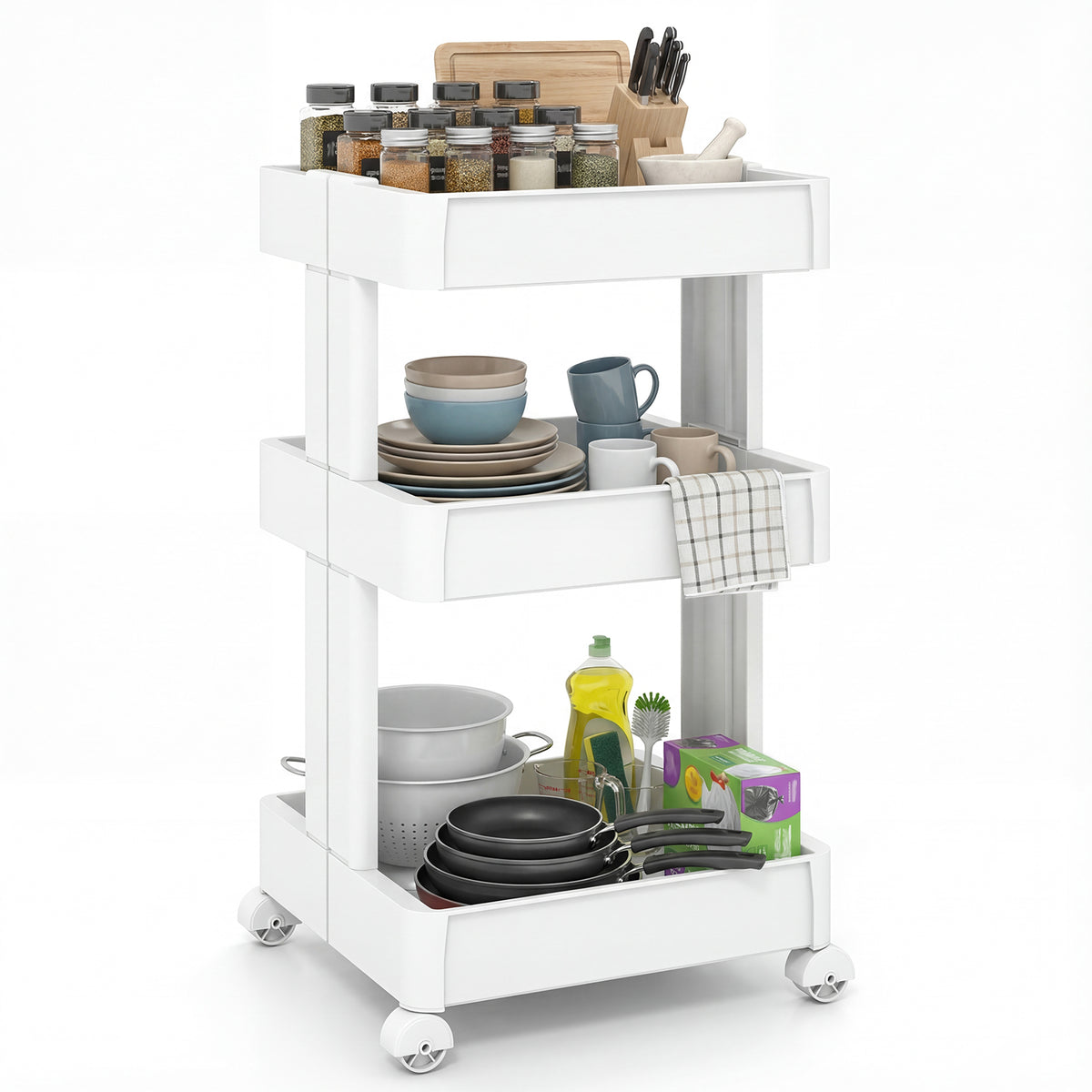 3/4-Tier Rolling Utility Cart with Detachable Trays and Smooth Wheels-3-Tier