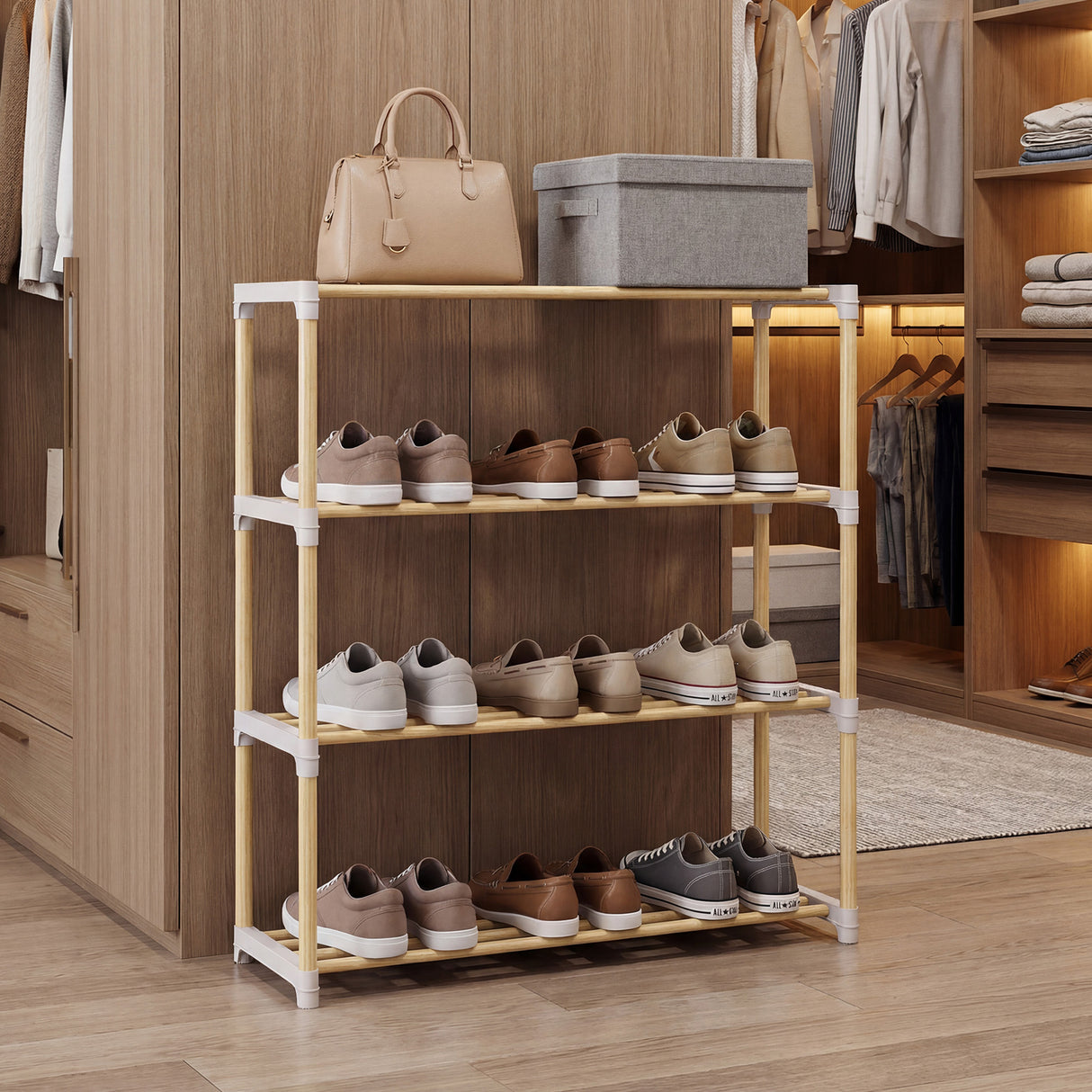 3/4-Tier Solid Wood Shoe Rack with Slatted Open Shelves-4-Tier